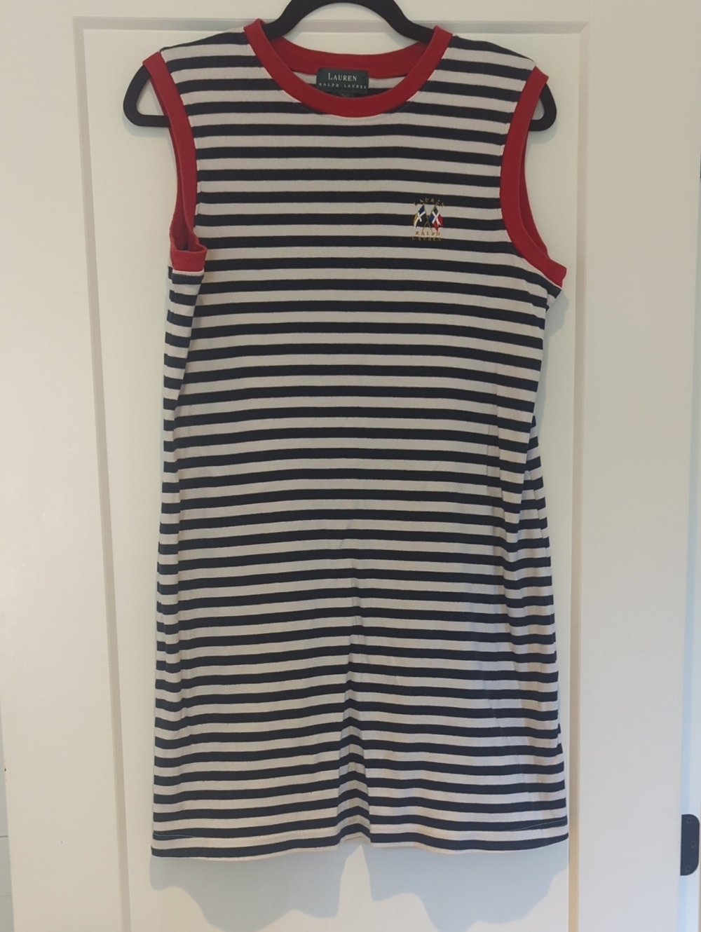 Vintage Ralph Lauren Navy and White Striped Sleeveless Cotton Dress Red Trim